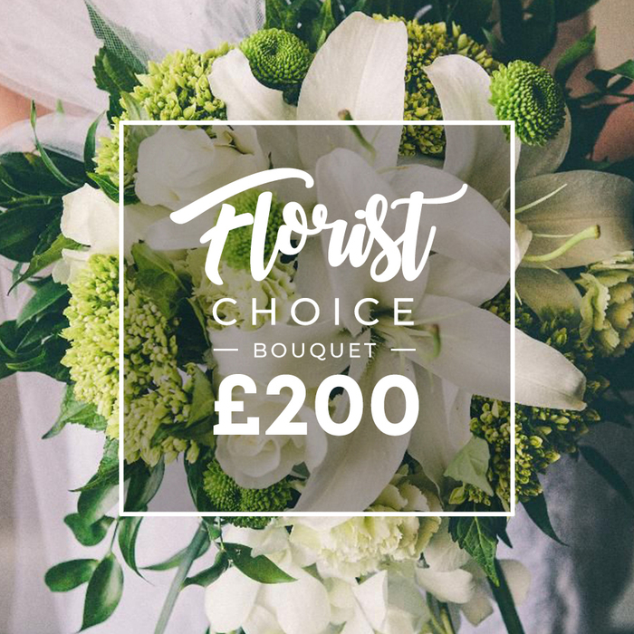 Elegance is distilled in this lush white-and-green bouquet, a signature Florist Choice arrangement. The focus is on large white lilies, their petals wide and luminous, paired with clusters of lime-green, textured blooms that give the arrangement a vibrant architectural lift. The softer white petals of ranunculus or spray roses weave through, adding roundness and romance, while splashes of darker greens-eucalyptus and ruscus-provide a verdant, velvety backdrop. The greenery is lush but controlled, creating depth, movement, and a sense of hand-tied craftsmanship. The bouquet appears held by a person, with a faint hint of light fabric in the upper background, perhaps a wedding gown, positioning the piece as a bride's or celebrant's companion. In the center, a clean white frame frames the scene, bearing Florist Choice at the top in cursive, BOUQUET in bold uppercase, and the price ?200 beneath, signaling the premium nature of this design. It reads as a sophisticated gift option-ideal for weddings, anniversaries, or luxury delivery to homes and venues across Yiewsley. This image is a quiet, confident celebration of floristry, showcasing how classic whites and bright greens can feel both timeless and current through expert arrangement and thoughtful texture.