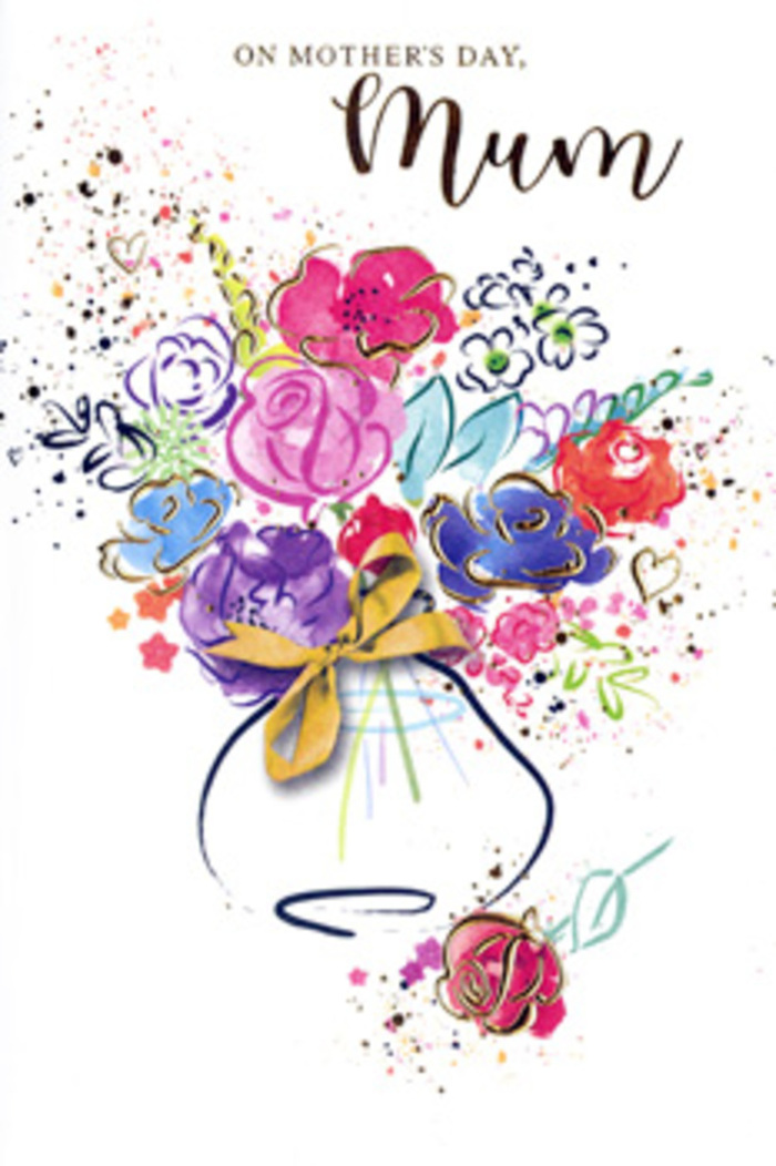 The illustrated Mother's Day card shows an exuberant, watercolour-style bouquet, as if a florist in Yiewsley had sketched their dream arrangement directly onto paper. At the heart of the image, bold cerise and hot pink flowers glow against deep indigo outlines, giving each bloom clear structure while still allowing the paint to bleed and feather softly at the edges. Surrounding them, looser strokes of apricot, lavender, sky blue, and gentle greens overlap and mingle, suggesting a meadow-like mix of blossoms gathered in full spring. Fine threads of gold highlight the curves of petals and the soft sweep of leaves, adding a quiet shimmer that recalls late-afternoon light falling across a shop display on Fairfield Road. The bouquet sits in a rounded, understated vase, its form hinted at more than strictly defined, finished with a meticulous golden bow that feels like the final, loving touch added before local delivery. Around the arrangement, scattered splashes of colour and tiny heart motifs drift across the white background, creating a halo of motion and emotion, like petals tossed in celebration along the pavements of Yiewsley on Mother's Day. The overall mood is playful yet deeply affectionate; the composition feels spontaneous, but every shade and shape contributes to a harmonious whole. It conveys more than decoration: an illustrated promise of appreciation, comfort, and love for Mum, mirroring the care that goes into every hand-crafted bouquet sent out to families across Yiewsley and nearby West Drayton.
