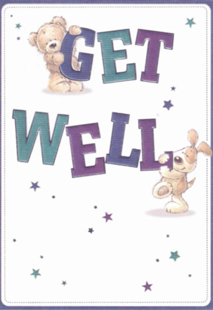 This charming get well card illustration feels like a gentle story unfolding on a soft, creamy page. Dominating the centre are the words Get Well, painted in big, friendly lettering that looks as though it has been shaded with careful strokes of deep violet, indigo, teal, and cool aqua. The letters stand proudly, yet their rounded edges make them feel approachable, as if they are smiling. Nestled on top of the word GET sits a teddy bear, drawn in warm caramel and chestnut tones. Its plump little paws curl over the edge of the letter, and its button-like eyes gaze down with calm, reassuring kindness. You can almost sense the plush, slightly fuzzy texture of its fur, reminiscent of the soft petals of a velvety rose in a get well bouquet. Leaning happily against the lower word WELL, a cheerful puppy with floppy, golden-tan ears and a wagging tail adds a lovely sense of movement. The puppy's body curves around the letters as though protecting and celebrating the message all at once, much like the way greenery frames a carefully arranged bunch of flowers from a local Yiewsley florist. Surrounding the characters and text, star-shaped accents and tiny starbursts in shades of lilac, midnight blue, and turquoise scatter gently across the creamy white background. They feel like little pockets of hope floating in the air, similar to how the scent of fresh blooms might drift through an open window overlooking Yiewsley's quiet residential streets. The uncluttered design gives breathing room, evoking cleanliness, fresh starts, and calm recovery. This card would pair beautifully with a hand-tied bunch of soft-toned flowers delivered nearby, the two together offering comfort, encouragement, and a touch of playful joy to someone healing at home or in hospital.
