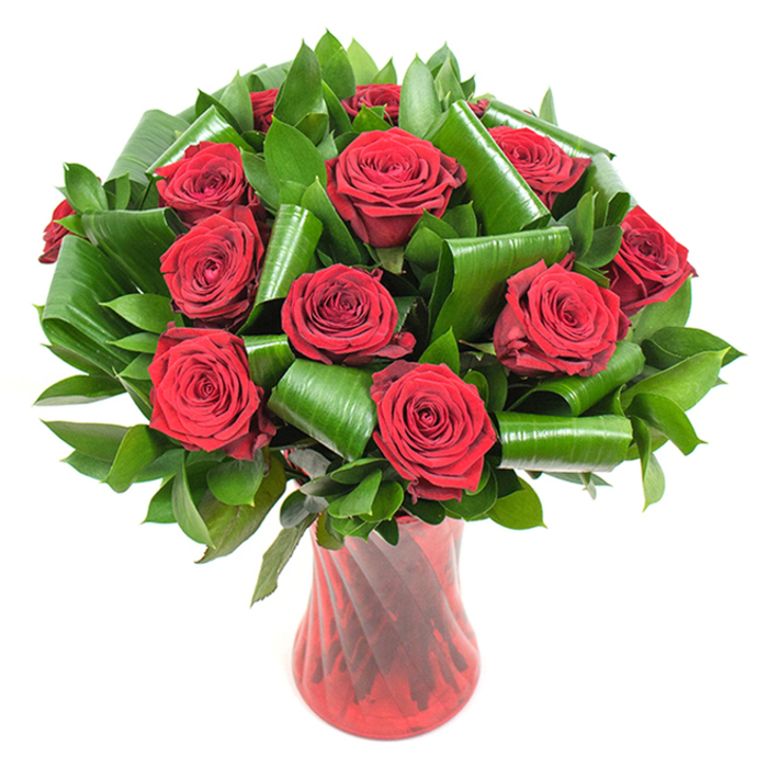 A classic, lovingly composed bouquet of deep crimson red roses fills the visual field: a dozen or more heads in lush, perfect bloom, their velvety petals tightly spiralled and layered to form sumptuous, textural blossoms. The roses are densely gathered to create a generous, rounded profile, each flower nestled against glossy, dark green foliage that gives both volume and contrast. Among the finer greenery are broader, emerald-hued leaves rolled into elegant, architectural tubes and loops-an artful flourish that provides sculptural support and a contemporary edge to the traditional rose arrangement. These folded leaves shine with a smooth surface that reflects light differently from the matte petals, producing a pleasing play of texture. The bouquet is displayed in a tall, slender ruby-red glass vase with a subtle swirling or ribbed pattern; the glass's translucence and vertical lines pick up and reflect the roses' hues, reinforcing the composition's passionate palette. The whole scene rests against a crisp white backdrop, isolating the floral form and making the colours sing with clarity. As an experienced florist serving Yiewsley and the surrounding wards near West Drayton and Uxbridge Road, I picture this arrangement as both a romantic declaration and a refined decorative piece-rich in scent, tactile in presence, and thoughtfully balanced for delivery to anniversaries, Valentine's celebrations or intimate kitchen tables along the High Street.