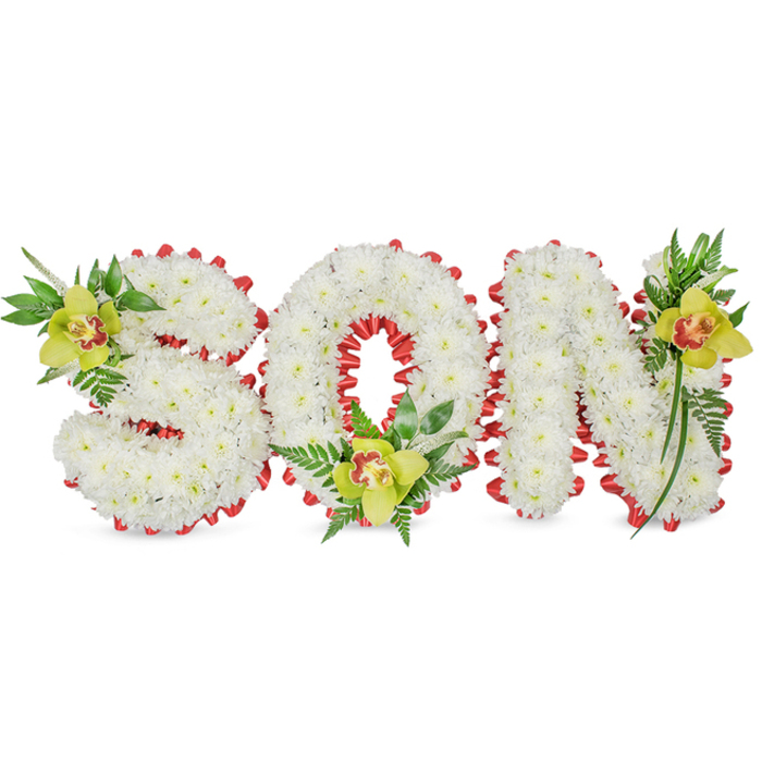 A carefully composed floral tribute spells the single word 'SON' in three full, three-dimensional letters crafted from densely packed, pristine white chrysanthemums. The surface of each letter reads like a soft, sculpted cloud; the tiny petals create a uniform texture that is both respectful and visually calming. Tracing the entire perimeter of each letter is a scalloped band of rich red ribbon, folded and looped to produce an elegant border whose saturated colour contrasts sharply with the white blooms. Each letter is given a thoughtful accent of fresh, lime-green Cymbidium orchids-one placed near the upper left curve of the S, another resting at the base of the O where the hollow becomes a focal point, and a third positioned on the upper right stroke of the N. The orchids show subtle pale orange to reddish-brown markings at their throats and are set among glossy green foliage and fine fern fronds that lend movement and natural layering to the design. The composition sits against a plain white background under soft, even lighting that highlights the chrysanthemum density and the orchids' waxy sheen while allowing gentle shadowing to reveal the letters' depth. This is the sort of bespoke tribute chosen for memorial services, cemetery placements, or commemorative displays to honour a son. As a local Yiewsley florist familiar with making tributes for families across Colham Green and the High Street, I focus on balance, texture, and the small details that give these pieces their emotional clarity and quiet dignity.