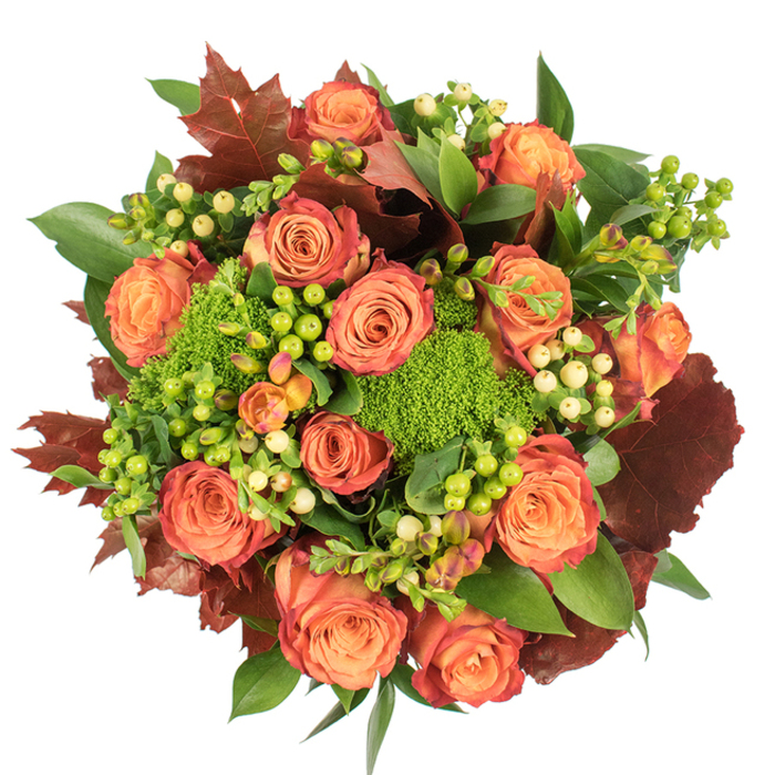 Presented in a precise, top-down composition against stark white, this luxurious autumn bouquet balances bold colour with layered texture - the kind of arrangement you might choose for a refined Thanksgiving setting in a Yiewsley home or as a polished gift for a host near Yiewsley Station. The dominant element is a mass of open roses, each blossom revealing a warm, sunset palette: pale peach centres graduate to coral and deep orange, the outermost petals catching a russet-red wash that gives the flowers a lived-in, leaf-like quality. Intermingled among the roses are clusters of Hypericum berries, some a striking lime-green that brightens the palette, and others a soft creamy-yellow that introduces gentle highlights. The Green Trick dianthus appears as compact, velvety mounds of chartreuse, their surprisingly tactile presence offering contrast to the smooth rose petals. Scattered throughout, large lobed leaves in auburn and deep crimson anchor the design with autumnal drama, while glossy, full green foliage provides a plush backdrop and a sense of abundance. Soft, diffused lighting sculpts the shapes and lends a subtle shadow-play that enhances depth. The bouquet conveys a mood of harvest gratitude, warmth, and understated sophistication - equally suited to seasonal restaurant displays, an intimate anniversary dinner, or a housewarming for friends returning to the area near Harmondsworth and West Drayton.
