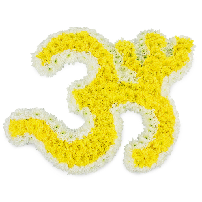 In this image, the sacred Om symbol has been transformed into a striking floral tribute, its graceful outline expressed entirely through layers of yellow and white blossoms. The background is a pristine, uninterrupted white, allowing every curve and contour of the design to stand out with clarity. The main body of the Om is filled with vivid yellow flowers, most likely small chrysanthemums or marigolds, each head tightly nestled against the next so that their rounded petals form a thick, textured carpet of colour. Around this golden interior, a neat border of pure white blooms runs continuously, carefully following the sweeping lower arc, the inner loop, and the delicate crescent-like section of the symbol, before finishing at the separate round dot floating just above and to the right. The close placement of petals creates a sense of volume and softness, as though the symbol were gently cushioned, while the crisp white edging lends definition and a feeling of purity. Bright, balanced lighting reveals the individual shape of each bloom, yet the overall impression is one of unity and calm, ideal for a funeral or spiritual ceremony in and around Yiewsley. One can imagine this design resting on an easel in a quiet chapel or community hall, perhaps after being delivered from Flowers Yiewsley to a service near Stockley Park or along the Grand Union Canal, offering a focal point for prayer and remembrance. The floral Om radiates a quiet strength, honouring both Hindu tradition and the personal journey of the person remembered, making it a meaningful tribute for families seeking a spiritual expression of farewell.