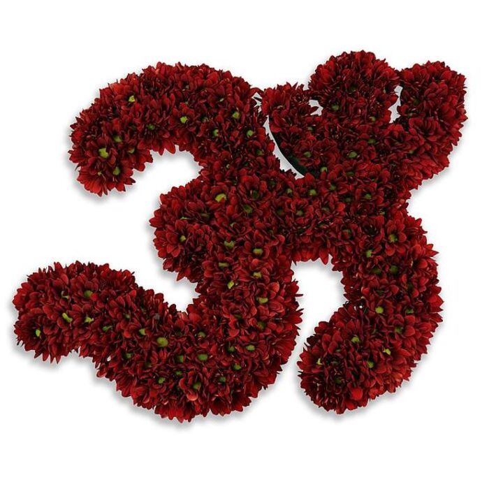 A striking sculptural number 33, handcrafted from hundreds of small, deep burgundy-to-crimson button chrysanthemums or similar multi-petaled blooms, each one pressed close to its neighbour to create a lush, tactile surface. The flowers' petals are velvety and layered, the hue rich and saturated like ripe winter berries, while tiny green centres intermittently peek through to animate the composition with fresh contrast. Set against a stark, clean white background, the twin threes command attention; the white field makes the reds sing, and a soft, muted gray shadow beneath gives the entire form a slight lift as though it's resting on a soft cushion. The lighting is soft and diffuse, chosen to reveal the subtle sheen and texture of the petals without harsh glare. There is an emotional versatility to this piece - it feels celebratory enough for a 33rd birthday cake table at a reception near Colham Green and dignified enough for a commemorative display at a local remembrance service. As a Yiewsley florist with years of practice arranging numbers and symbols, I hear clients ask for this kind of sober elegance: tactile, deeply coloured blooms that read both from a distance and in intimate detail, offering comfort or joy depending on the occasion.