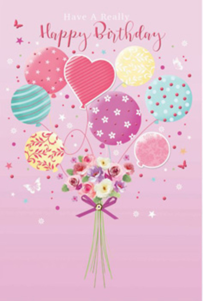 Whimsical birthday card illustration showing pastel balloons floating above a dainty hand-tied bouquet, the sort of design you could imagine accompanying a same-day flower delivery around Yiewsley and the surrounding Hayes area. The background is a soft, velvety pink wash, calm and inviting. At the bottom centre, a cluster of small, garden-style flowers is gathered tightly: rose-like blooms and soft, daisy-inspired blossoms in creamy ivory, blush, and muted mauve, each petal shaded to suggest real depth and silky texture. They are bound together with a neat purple ribbon bow that shimmers slightly, echoing the satin finishes often used by experienced florists. Rising from this bouquet is a charming array of balloons in pastel tones of sea green, pale sunshine yellow, lavender, and warm rose. Each balloon has a distinctive pattern-playful polka dots, tiny stars, candy-like stripes, and subtle floral swirls-giving the impression of a bespoke celebration crafted with care. A heart-shaped balloon sits near the centre like a visual hug, perfect for expressing birthday affection. Soft, diffused light bathes the entire scene, creating gentle highlights along the curves of the balloons and a natural glow on the imagined petals, much like daylight flooding through a shopfront window in Yiewsley. Small illustrated butterflies and sparkling star shapes flit and twinkle around the bouquet, enhancing the fairy-tale charm. The composition feels poised between playfulness and elegance, suggesting a birthday greeting that does more than say happy birthday; it conveys a sense of being cherished, with every detail thoughtfully considered as if by a skilled local florist.