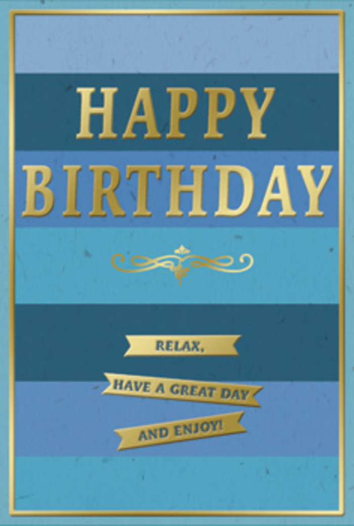 A tastefully designed birthday card rests against a pale surface, its combination of cool blues and radiant gold creating an atmosphere of relaxed celebration that feels right at home in Yiewsley's quiet residential streets. The background is made up of generous horizontal stripes, each one a different shade of blue: deep navy at the top, then moving gracefully through denim, turquoise, and softened sky blue, like watching the Grand Union Canal shift under changing light. Dominating the centre, the words HAPPY BIRTHDAY are stamped in large, embossed gold capitals, the foil reflecting light in a soft, glamorous shimmer rather than a harsh shine. The letters are clean and modern, yet the warm gold gives them a timeless, slightly luxurious character. Immediately beneath the main greeting, a slender golden flourish curls outward, a decorative motif that recalls classic cardmaking and hints at care and tradition. Below this, three parallel gold banners line up neatly, each ribbon featuring part of the complete wish: Relax, have a great day and enjoy! The message feels unhurried and kind, almost like advice from a friend after a peaceful walk around the local green spaces near Stockley Park. A fine golden border traces the perimeter of the card, holding the blues within a graceful frame and adding a subtle sense of occasion. The card's surface appears smooth and lightly matte, so the embossed gold designs stand out both visually and by touch. It is easy to picture this card placed beside a freshly arranged birthday bouquet, ready for doorstep delivery around Yiewsley, bringing a moment of calm, thoughtful joy to someone's special day.