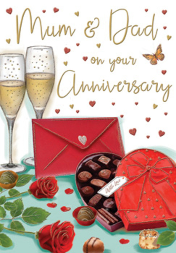 The anniversary card artwork presents a beautifully composed still life that feels both luxurious and homely, evocative of a special evening in Yiewsley when family gathers to mark a milestone. At the heart of the image, two crystal-clear champagne flutes rise side by side, filled to just the right height with champagne shaded in warm golds and honey tones. Fine streams of bubbles lift gently through the liquid, catching specks of light like tiny stars, and giving the whole scene an air of soft celebration. In front of the glasses, a heart-shaped box of chocolates takes pride of place, painted in a deep ruby red that matches the colour of classic anniversary roses. An extravagant bow, wide and richly textured, is tied at the centre, with its ribbon tails falling in graceful curves across the lid. The box sits slightly open, revealing carefully arranged chocolates inside, some with smooth domes, others with ridged tops, inviting the idea of indulgence shared between two people who have grown together over time. At the side, two velvety red roses rest on a flat surface, their petals densely layered like the expertly chosen blooms that local florists might set aside for a cherished order. Glossy green leaves frame the flowers, balancing the strong reds and adding a touch of natural freshness, as if they were newly delivered from a nearby Yiewsley flower studio. Scattered around are tiny hearts in crimson and gold that hover near delicate hand-lettering, suggesting affectionate words dedicated to a couple who mean the world. A scarlet envelope, sealed and gently angled, completes the scene, hinting at a private, heartfelt message. The overall mood is warm, romantic, and reassuring, celebrating enduring partnership and the sweetness of time spent together.