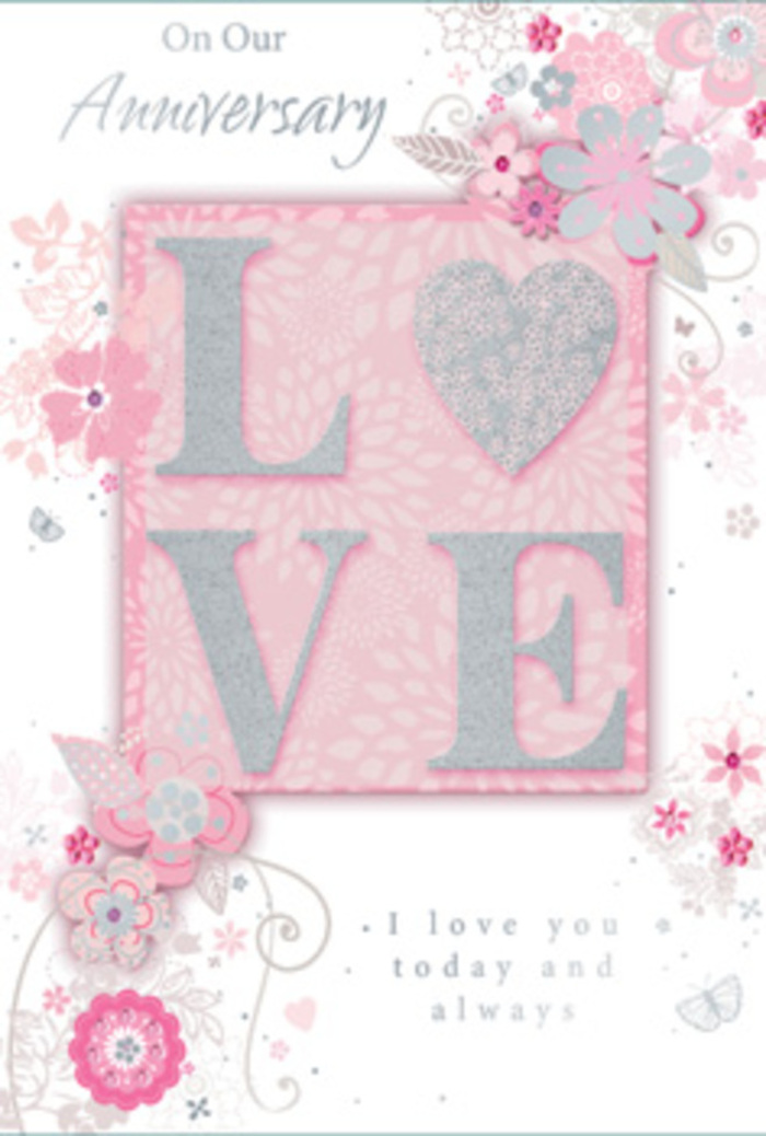 This anniversary card opens like a soft beam of sunlight into a familiar Yiewsley living room, its design honouring everyday love rather than grand gestures. The central motif is the word LOVE, printed in a frosted glitter finish that feels gently raised beneath the fingertips. Each letter has a delicate shimmer, catching the light in a playful, understated way, as if dusted with the same sparkle that settles on ribbon and tissue in a florist's studio near West Drayton Road. Around this central word, wispy, hand-drawn blooms drift along the borders of the card. Their colours are a tender blend of pink, lilac, and ivory, each shade merging softly into the next so that no petal feels harsh or sharp. Slender sprays of foliage and gentle curves of stems wrap around the edges, their lines so fine they almost resemble pencil sketches. Hidden among the flowers, tiny butterflies and filigree flourishes appear, subtle and almost secret, like little discoveries you might notice only after studying the card under a warm lamp in a Yiewsley home. The main message, I love you today and always, is set in graceful, understated type, floating calmly amid the floral motifs. It invites a quiet pause, an inward smile, a memory of shared cups of tea and walks along nearby green spaces. The overall feel is that of a hand-tied bouquet translated into paper: soft, harmonious, and thoughtfully arranged, a gentle tribute to enduring affection that suits any couple marking their anniversary in the Yiewsley area.