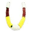 A ceremonial U-shaped floral garland shown against a clean white background, its soft shadow lending a quiet three-dimensional presence. As a florist in Yiewsley I notice at once the dense, plush workmanship: each arm begins with a compact, cylindrical band of creamy white fabric blooms-fine, tightly packed petals arranged to mimic jasmine or small chrysanthemums-giving the top a delicate, fluffy texture. That white block melts into a rich maroon band, the colour of late-summer earth, created from thousands of tiny synthetic petals that catch light in a subtle, satiny way. Below the maroon, the longest section of each arm unfolds into a broad, sunny swathe of bright yellow, the kind of cheerful marigold tone used in traditional celebration garlands; those yellow elements are layered for fullness so the curve reads as a single, luminous plane. At the U's lowest point the two arms meet in a generous, round cluster of pure white chrysanthemum-like blooms that becomes the visual focal point, with small dark-green leaf accents threaded between colour changes to offer natural contrast and rhythm. Although crafted from fabric, the garland conveys the hushed warmth of real flowers-a tactile, soft weight you can feel when picked up, the sort of piece you might see draping a deity at a puja, welcoming guests at a wedding, or brightening a home during Diwali or Holi. The maker's care is visible in every stitched petal and clipped seam: dozens of tiny components assembled into a single, ceremonial whole, an object that reads both traditional and durable in the local light of Yiewsley's shopfronts and community halls.