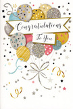 This congratulations card appears like a little party captured on paper, ready to be tucked alongside a bouquet heading out from a Yiewsley address. At its heart floats a plump cluster of illustrated balloons, layered so they overlap in a soft, cloud-like mass. Each balloon is rounded, warmly shaded, and finished in luxe tones of glimmering gold, cool silver, champagne beige, sky blue, blush pink, and misty grey, suggesting gentle reflections as though lit by soft indoor light in a living room near West Drayton Road. Their surfaces are decorated with playful yet refined patterns: tiny starlit specks, slender vertical stripes, and clouds of fine glitter that catch the eye without overwhelming the composition. From the cluster, delicate ribbons in metallic gold and silver drift downward, curling and looping like celebratory streamers pinned to a party table. The pale background is peppered with scattered stars, small dots, and whimsical swirls, evoking confetti and party ribbons frozen in mid-flight, as if someone has just shouted well done and tossed joy into the air. Across the centre, a soft, curved banner unfurls, partially embracing the balloons and bearing the message Congratulations To You in flowing, ornamental calligraphy that feels thoughtful and sincere. The overall mood is buoyant yet elegant, suited to marking life's big achievements-from new jobs and promotions to graduations and personal triumphs-sharing a sense of genuine pride with someone you care about in Yiewsley, and pairing beautifully with fresh flowers arriving at their door.