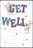 A whimsical get well card illustration shows two endearing characters-a soft, caramel-brown teddy bear and a floppy-eared golden puppy-working together to share a cheerful Get Well message. The scene is set against a clean, creamy white background that feels like fresh sheets in a quiet recovery room, keeping all attention on the playful artwork. The word GET is written in bold, chunky letters shaded in deep purples and hints of indigo, while WELL below is painted in vibrant teal and aqua, the colours slightly textured as if brushed by hand. The teddy bear hugs the top of the G, tiny paws gripping the letter as it peers down fondly, while the puppy leans joyfully into the W, tail in mid-wag, nose tipped up as though offering an encouraging nuzzle. Around them, scattered starbursts in different sizes and tones of violet, midnight blue, and turquoise sparkle across the card like little wishes drifting over Yiewsley-much like seeing fairy lights twinkling along the High Street on a winter evening. Each star adds a sense of movement and quiet magic, echoing the feeling of sending comforting flowers to a friend in hospital or resting at home near Stockley Park. The fur of both friends is illustrated with gentle, rounded strokes that suggest fluff and warmth; you can almost imagine how comforting they would be to cuddle, like pressing your cheek into a freshly arranged, soft-toned bouquet. The overall mood of the card is tender and uplifting, turning the simple phrase Get Well into a warm hug captured on paper, ideal to accompany a thoughtfully chosen arrangement delivered locally in Yiewsley to brighten someone's bedside.