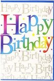 This vibrant birthday card design radiates happiness from edge to edge, much like the colourful window displays you might spot while walking through central Yiewsley. Across the centre of the card, the words Happy Birthday are written in generous, rounded letters, each character bathed in a gently shifting rainbow wash. The hues glide from deep berry reds to glowing orange and lemon yellow, then drift into fresh leafy greens, tranquil blues, and regal purples, creating a smooth, blended spectrum that feels both fun and polished. The letters stand out with a soft, almost cushioned appearance, hinting at a slight embossing that would feel pleasantly raised if you traced it with your fingertips. Around the greeting, scattered specks of colour and miniature star shapes echo the same lively palette, giving the illusion of confetti or sparkles suspended in the air, as if someone had just shouted surprise! in a decorated living room. Behind this bold message, the card's background is alive with repeated lines of Happy Birthday to you in slender, flowing gold script. This script tilts diagonally and forms a shimmering pattern that catches the light like fine gold foil, adding a refined, elegant counterpoint to the playful rainbow lettering. The base colour of the card is a warm, creamy white, balancing brightness with softness so that nothing feels harsh. Taken together, the rainbow text, golden script, and subtle starry details create a mood of cheerful anticipation-the perfect accompaniment to a hand-tied bouquet or balloon arrangement heading out for a same-day birthday delivery somewhere in Yiewsley.