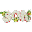 A dignified, three-dimensional floral tribute spells out the word 'SON' in large, sculpted letters formed from hundreds of small, pristine white chrysanthemum blooms. The chrysanthemums are densely packed to give each letter a soft, cloud-like surface that reads as calm and pure against the clean white background. Around the edge of every letter a vibrant red ribbon is looped into a delicate scalloped border, the ribbon's satin sheen providing a confident red outline that contrasts with the matte softness of the petals and suggests love and remembrance. Each letter is punctuated with a single lime-green Cymbidium orchid: one nestled into the upper left curve of the S, one cradled at the base of the O, and a third placed on the upper right stroke of the N. The orchids show pale orange to reddish-brown markings in their throats, and their waxy petals sit against sprays of glossy green leaves and fine fern fronds that trail lightly around the shapes. Soft studio lighting highlights the chrysanthemum texture and the orchids' subtle colour variations while casting gentle shadows that emphasize the letters' three-dimensional form. The overall effect is reverent and carefully composed, a traditional memorial display intended for a funeral service, graveside tribute, or sympathy tribute for a beloved son. As a local florist serving Yiewsley and nearby West Drayton, I imagine this piece placed near the family pews at a chapel on Station Road or beside a simple casket at a local crematorium, conveying quiet dignity, deep affection, and the meticulous craft of funeral floristry.