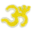 A beautifully rendered Om symbol made entirely of fresh flowers is displayed against a flawless white background, turning a sacred sign into a tactile work of art. The broad, flowing strokes of the Om are filled with dense clusters of small yellow blossoms, their petals overlapping in soft layers so that the surface appears rich, full, and almost cloud-like in texture. Carefully framing this field of golden colour is a narrow but precise border of immaculate white flowers, which traces every undulating twist of the symbol, from the substantial lower swirl to the more delicate upper curve and the separate dot hovering at the top right. The yellow and white pairing feels deliberately chosen: the yellow blooms bring a warm, auspicious glow, while the white edge adds a sense of calm, sincerity, and gentle closure, particularly fitting for a funeral tribute. The light in the image is bright yet soft, with no harsh shadows, so the flowers seem freshly placed, as if they have just arrived for a service in Yiewsley, perhaps at a nearby temple or funeral home off the High Street. If you could step closer, you might notice tiny variations in the petals, catch the clean, green scent of the stems beneath, and feel the quiet reverence in the spacing and symmetry. This floral Om suggests a moment of stillness amid grief, an invitation to breathe, chant, or simply remember. It feels like the kind of tribute chosen by a family who value both their cultural roots and the comforting language of flowers when saying a final goodbye.