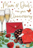 This illustrated anniversary card feels like a quiet, romantic evening captured on paper, reminiscent of a cosy celebration in a Yiewsley home after flowers and treats have been lovingly laid out. Two tall, elegant champagne flutes stand close together at the back of the design, their clear glass reflecting soft highlights while delicate streams of golden bubbles rise inside. They seem ready for a gentle clink and a whispered toast. In front of them, a heart-shaped chocolate box in a rich red tone anchors the scene, wrapped with a broad, luxurious bow whose ribbon glows slightly as though touched by warm lamplight. The lid is tipped open to show an inviting selection of chocolates, each piece carefully illustrated, suggesting a variety of flavours ready to be savoured one by one. To one side, a pair of sumptuous red roses lies across the surface, their petals full, velvety, and deeply layered, exactly the kind of roses a local florist would choose for an anniversary bouquet. Lush green leaves cradle the blooms, providing a natural contrast that makes the reds appear even more intense. Sprinkled throughout the background are tiny hearts in shades of crimson and gold, drifting around finely scripted anniversary wishes and adding a sense of movement and joy. A bright red envelope rests nearby, neatly sealed, hinting at the sort of handwritten message children might send to their parents to thank them for years of love and stability. The overall composition is bathed in warm, inviting tones that evoke comfort, gratitude, and the quietly festive spirit of a long and happy relationship.